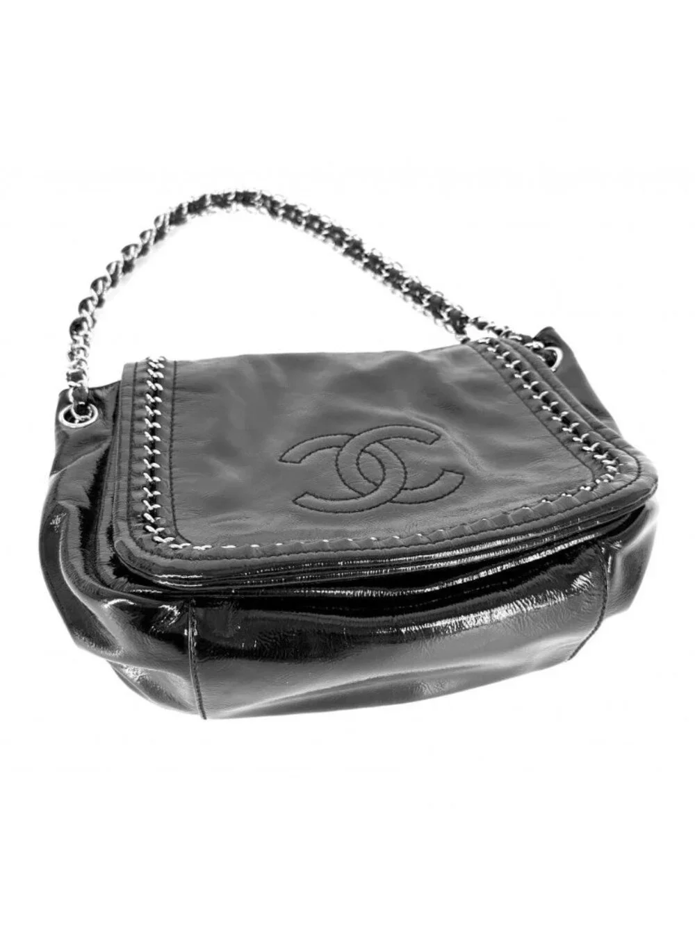 Chanel Shoulder Bag CC Logo Chain Bag Enamel Patent Leather Black Silver